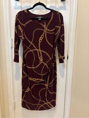 Ralph Lauren Burgundy Long-Sleeve Chain Print Sheath Dress
